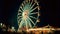 Kodachrome photo of distant shot of Ferris wheel at night in small time circus of 1960s. Generative AI