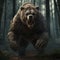 A Kodiak bear, a large Felidae organism, stands in a forest with its snout open , generated by AI