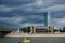 Koeln Cologne Triangle building and Hohenzollern bruecke bridge with Rhine river, Germany