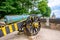 KOENIGSTEIN, GERMANY - MAY 2017: a gun carriage decorated in yellow and black in Konigstein Fortress. These siege guns used in Eu