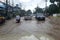 Koh Samui, Thailand - October 11, 2017: Traffic on flooded road