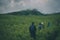 KOHIMA, INDIA - Jul 29, 2019: A group of people Hiking in the Dzukou valley of Nagaland