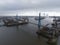 The Kohlbrand Bridge, Kohlbrandbrucke a cable stayed bridge in port of Hamburg, Germany, Birds eye aerial drone view.