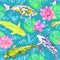 Koi carp collection swimming in pond with blue waves with pink lotus flowers, on turquoise background, top view