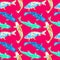 Koi carps in blue, turquoise and yellow colors palette, hand painted watercolor illustration, seamless pattern design on red