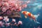 Koi fish swimming in a pond under a cherry tree. Cherry blossoms land in a lake. Generative AI