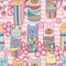 Kokeshi cat bird bear frog flower pink seamless pattern