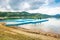 Kokin Brod, Serbia - July 30, 2019. Shore of the Zlatar Lake with blue pontoon