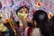 Kolkata, West Bengal, India - 16th October 2021 : Bengali married women in sari playing sindoor khela, traditional Bengali ritual