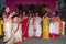 Kolkata, West Bengal, India - 16th October 2021 : Bengali married women in sari playing sindoor khela, traditional Bengali ritual