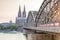 Koln cityscape with cathedral and steel bridge, Germany