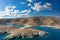 Kolona Fykiada double sided sandy beach, aerial drone view. Greece, Kithnos island, Cyclades