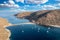Kolona Fykiada double sided sandy beach, aerial drone view. Greece, Kithnos island, Cyclades