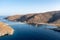 Kolona Fykiada double sided sandy beach, aerial drone view. Greece, Kithnos island, Cyclades