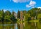 Kolos fountain Spike in the pond â€“ soviet architecture with beautiful clouds VDNKH in Moscow