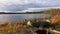 Kolyma. Autumn. Sunset. A boat on the shore of Lake Hinike