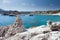 Kolymbia beach with the rocky coast in Greece.