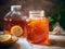 Kombucha close-up. Homemade kombucha tea in a glass jar made of yeast, sugar and black tea. Kombucha drink helps to boost the