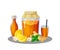 Kombucha drink. Cartoon jars and glasses with summer cold beverage of tea mushroom. Bottles and lemon pieces. Ginger or