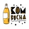Kombucha tea lettering and bottle. Vector illustration. Isolated on white background