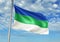 Komi region of Russia Flag waving with sky on background realistic 3d illustration