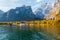 Konigssee lake Konigsee in foggy weather, St. Bartholoma church the background Watzmann mountains , near the German Austrian