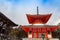 Konpon Daito red pagoda, Danjo Garan, Koyasan, covered with snow on a sunny day, UNESCO World Heritage area, Japan