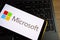 KONSKIE, POLAND - September 17, 2022: Microsoft logo displayed on smartphone in the office. Microsoft Corporation is an American