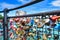 Konstanz, Germany - Locke locks at railing of pedestal of Imperia statue at lake Constance harbor