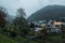 Kordel, Rhineland-Palatinate - Germany - 04 14 2019 - Foggy view over the backyards, gardens and traditional houses in the Kyll
