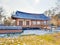 Korean architecture - wooden pagoda in traditional Korean style with snow.