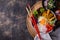 Korean Bibimbap. Bowl with meat, rice and salad