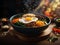 Korean bibimbap, floating, popular rice bowl dish made with cooked rice, vegetables, meat, fried egg