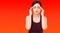 Korean,chinese woman`s headache severely, suffering asian woman,girl isolated on red background