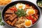Korean cuisine. Bibimbap - Korean rice dish with fried egg and vegetables. Generative AI