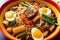 Korean cuisine. Bibimbap - Korean rice dish with fried egg and vegetables. Generative AI