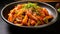 Korean dish Teokbokki - spicy rice sausages, AI generated