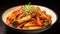 Korean dish Teokbokki - spicy rice sausages, AI generated