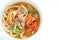 Korean food, pork and kimchi udon noodles