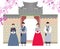 Korean hanbok family. Korean couple wearing traditional costumes. Korea gate in flat. Traditional Korean architecture