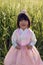 korean national children pink costume on a four-year-old girl standing