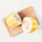 Korean oriental melon on wooden tray on white background