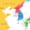 Korean Peninsula region in East Asia, Korea, colored political map