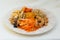 Korean salads, soy, kimchi, spicy fish, carrots, calamari, tofu and fish - seafood in Russian Far Eastern Cuisine