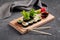 Korean seaweed rice rolls gimbap on wooden board