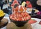 Korean shaved ice dessert with sweet toppings, Strawberry Bingsoo or Bingsu on cup