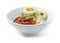 Korean Spicy Noodles Guksu ontop Boiled Egg in White Bowl Traditional Korean Food