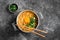 Korean Style Instant Noodles, Shin Ramyeon or Ramyun with Egg, Scallion and Broth, Noodle Soup