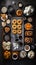 Korean sweets, flat lay, knolling, top view assorted cookies and traditional desserts, AI generative overhead view