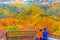 Korean tourists enjoyed scenery at Namhansan view point with colourful autumn forest